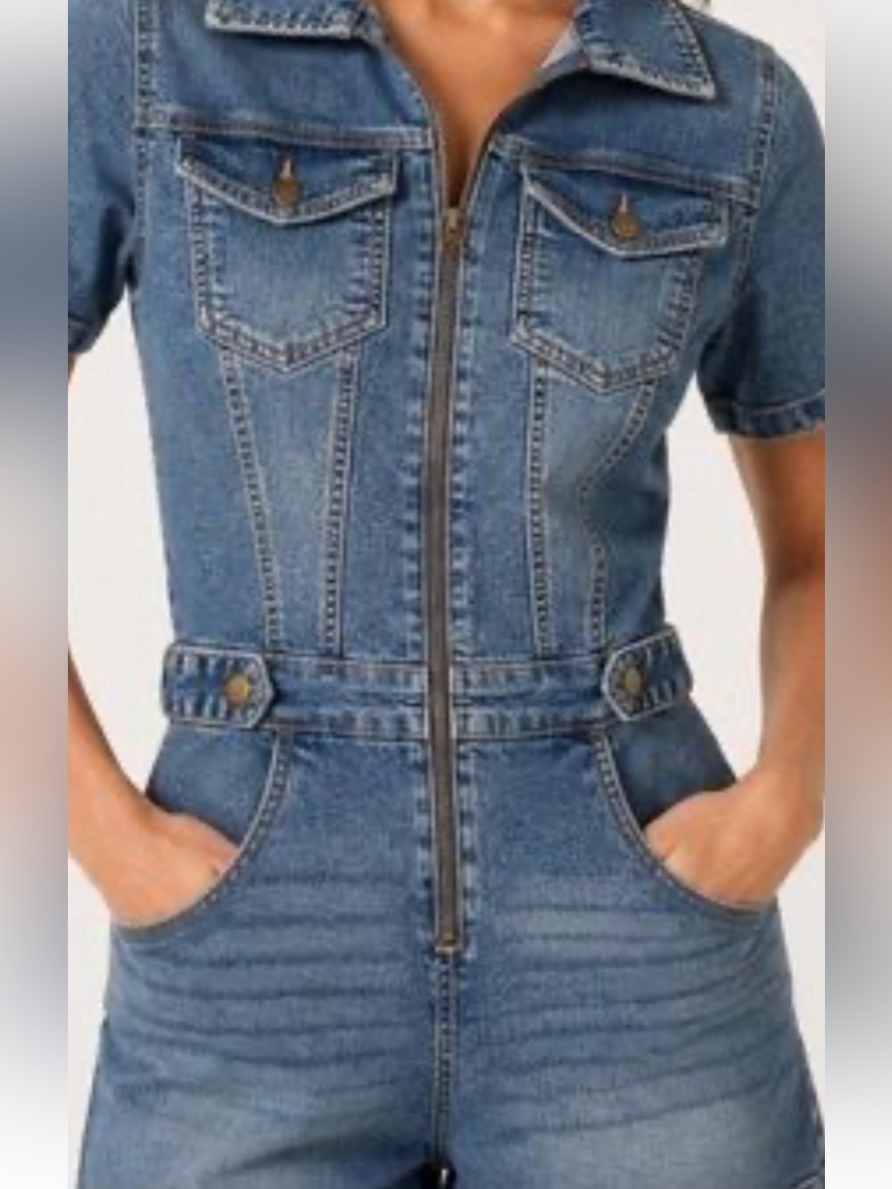 Celebrity Pink Blue Denim Zip-Front Short-Sleeve Romper